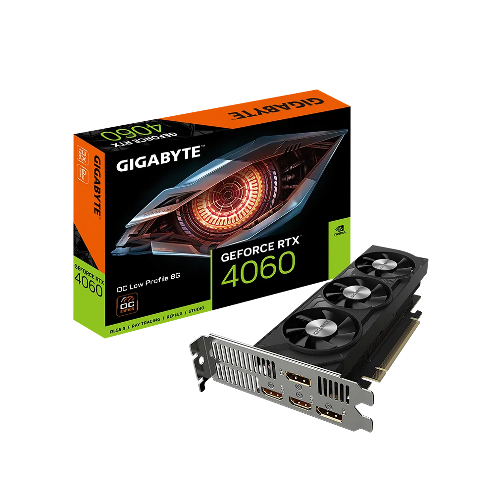 GIGABYTE nVidia GeForce RTX 4060 OC - 8GB GDDR6; 128-Bit Memory Bus; 0; 2x HDMI; 2x DisplayPort; Low Profile. Min 450W PSU