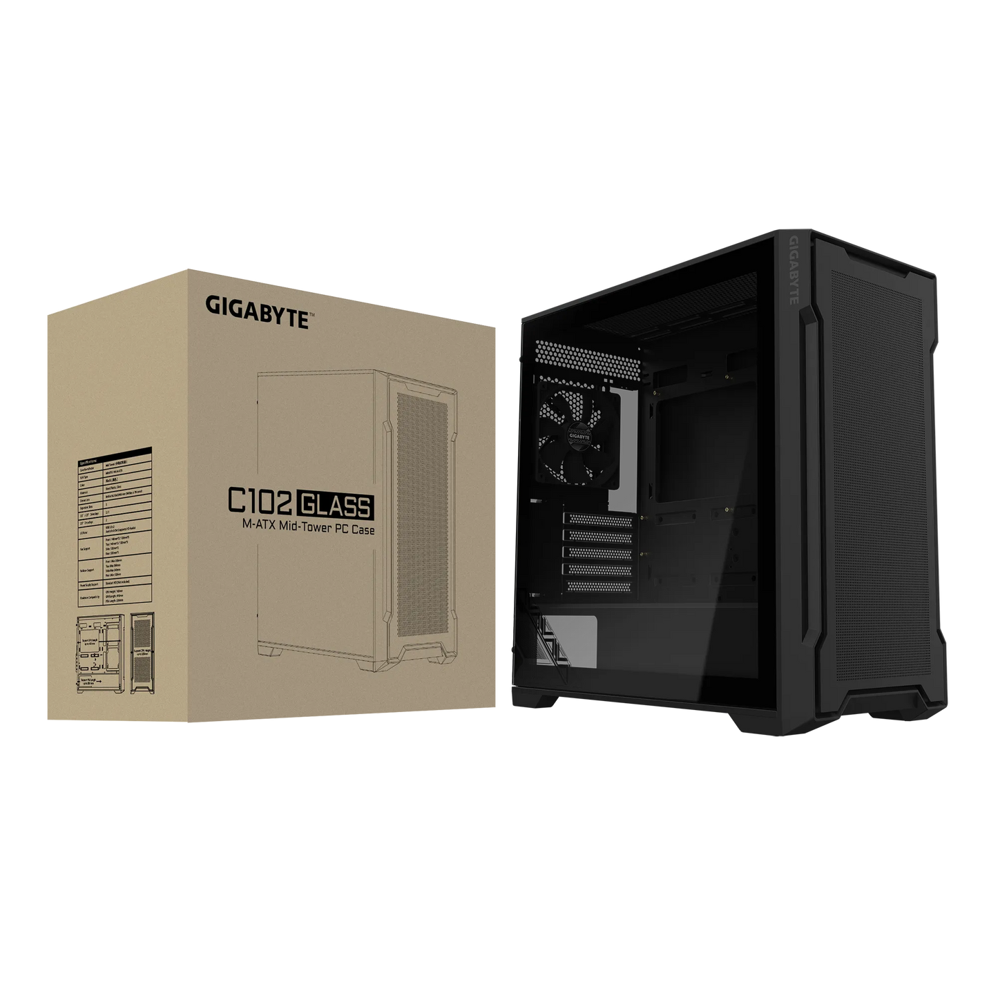 Gigabyte C102 Glass Micro ATX Chassis; 2x 3.5'' | 2x 2.5'' Drive Bays; 360mm Radiator compatible; 2x 120mm fan incl; Black