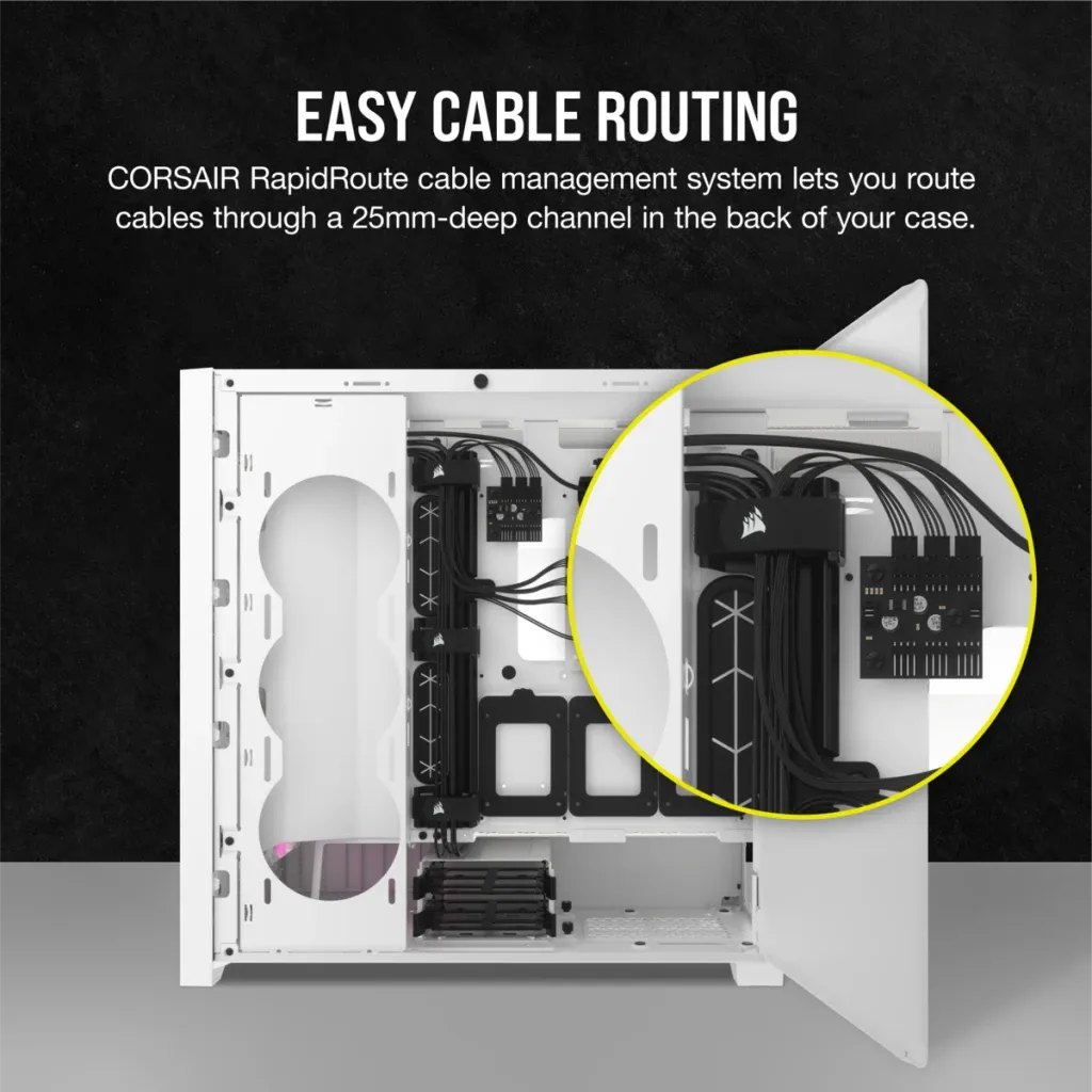 5000D RGB Airflow White Tempered Glass Mid Tower; 2x 3.5'' | 4x 2.5'' Drive Bays; Up to 360mm Radiator; 3x 120mm fan incl