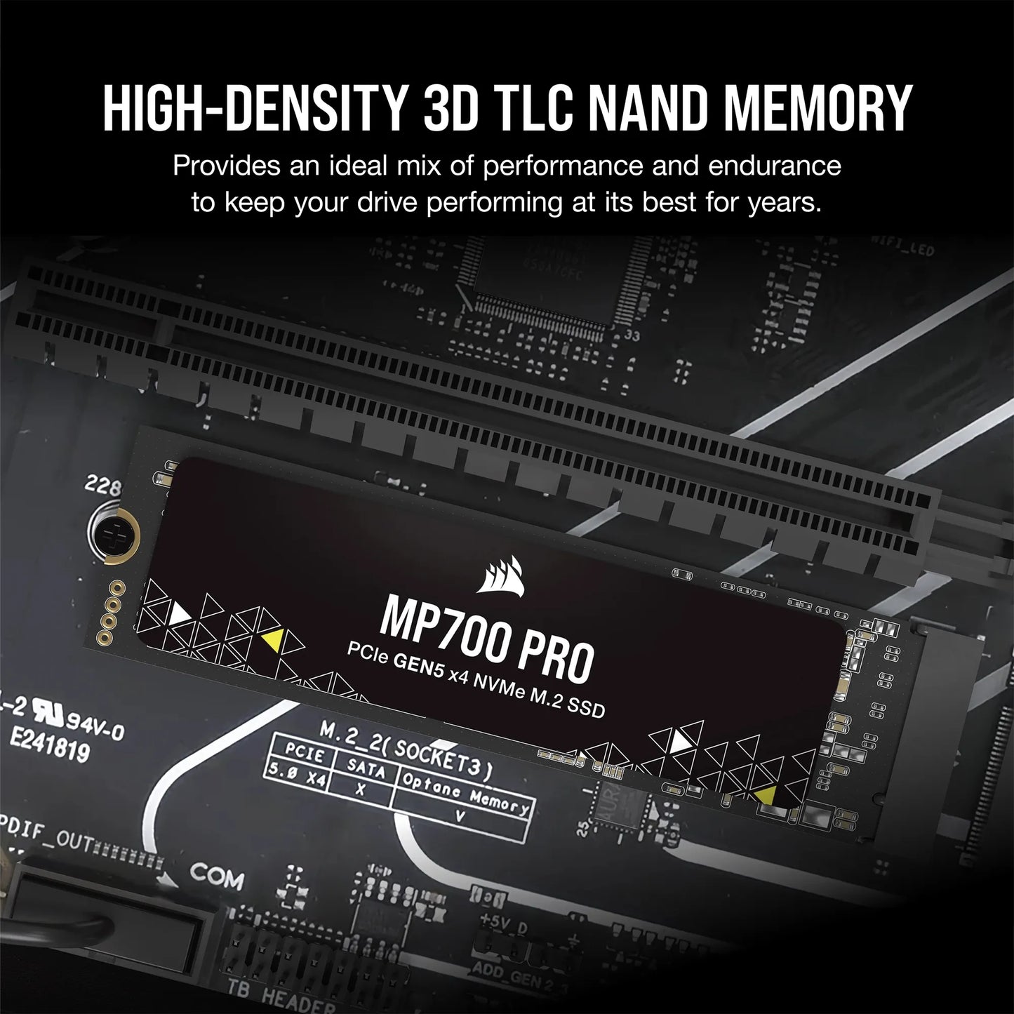 Corsair MP700 PRO 1TB M.2 NVMe PCIe Gen. 5 x4 SSD (no heatsink); Read Up To 11 700MB/s; Write up to 9600MB/s