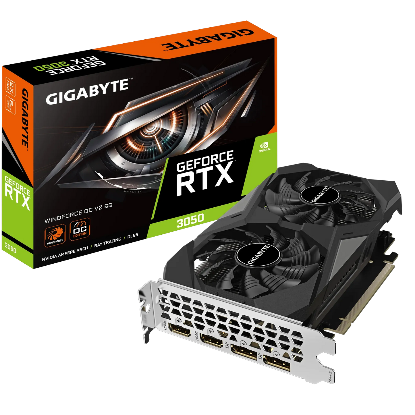GIGABYTE nVidia GeForce RTX 3050 Windfore OC - 6GB GDDR6; 96-Bit Memory Bus; PCI Express 4.0; 2x HDMI; 2x DisplayPort.