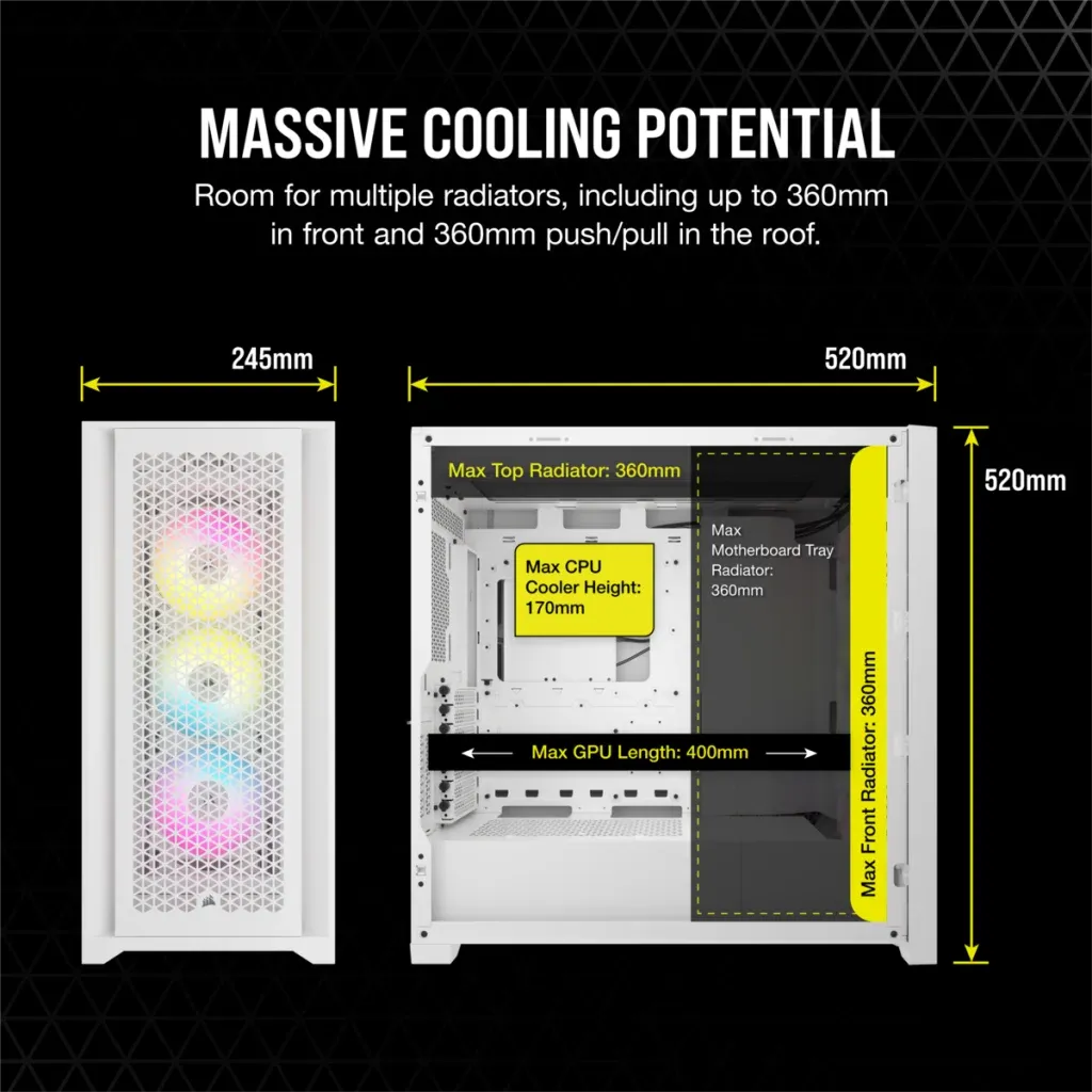 5000D RGB Airflow White Tempered Glass Mid Tower; 2x 3.5'' | 4x 2.5'' Drive Bays; Up to 360mm Radiator; 3x 120mm fan incl