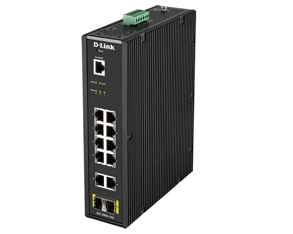 D-Link 10x 10/100/1000Mbps ports with 2 SFP ports industrial switch with -40 to 65 °C operating range