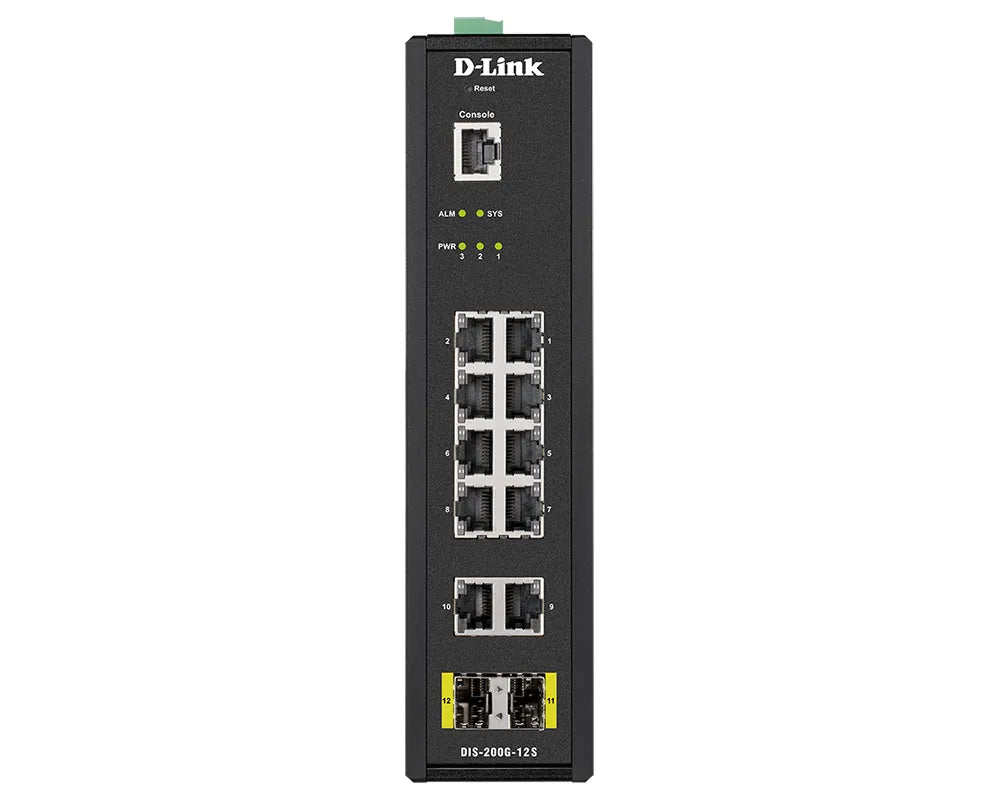 D-Link 10x 10/100/1000Mbps ports with 2 SFP ports industrial switch with -40 to 65 °C operating range