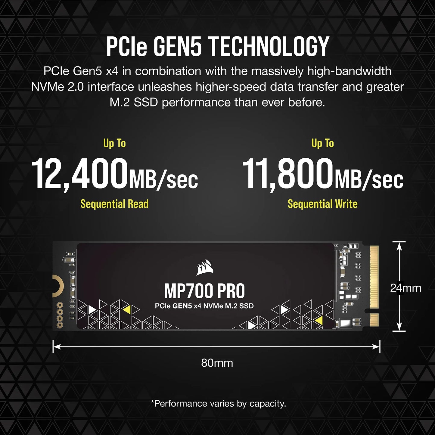 Corsair MP700 PRO 1TB M.2 NVMe PCIe Gen. 5 x4 SSD (no heatsink); Read Up To 11 700MB/s; Write up to 9600MB/s