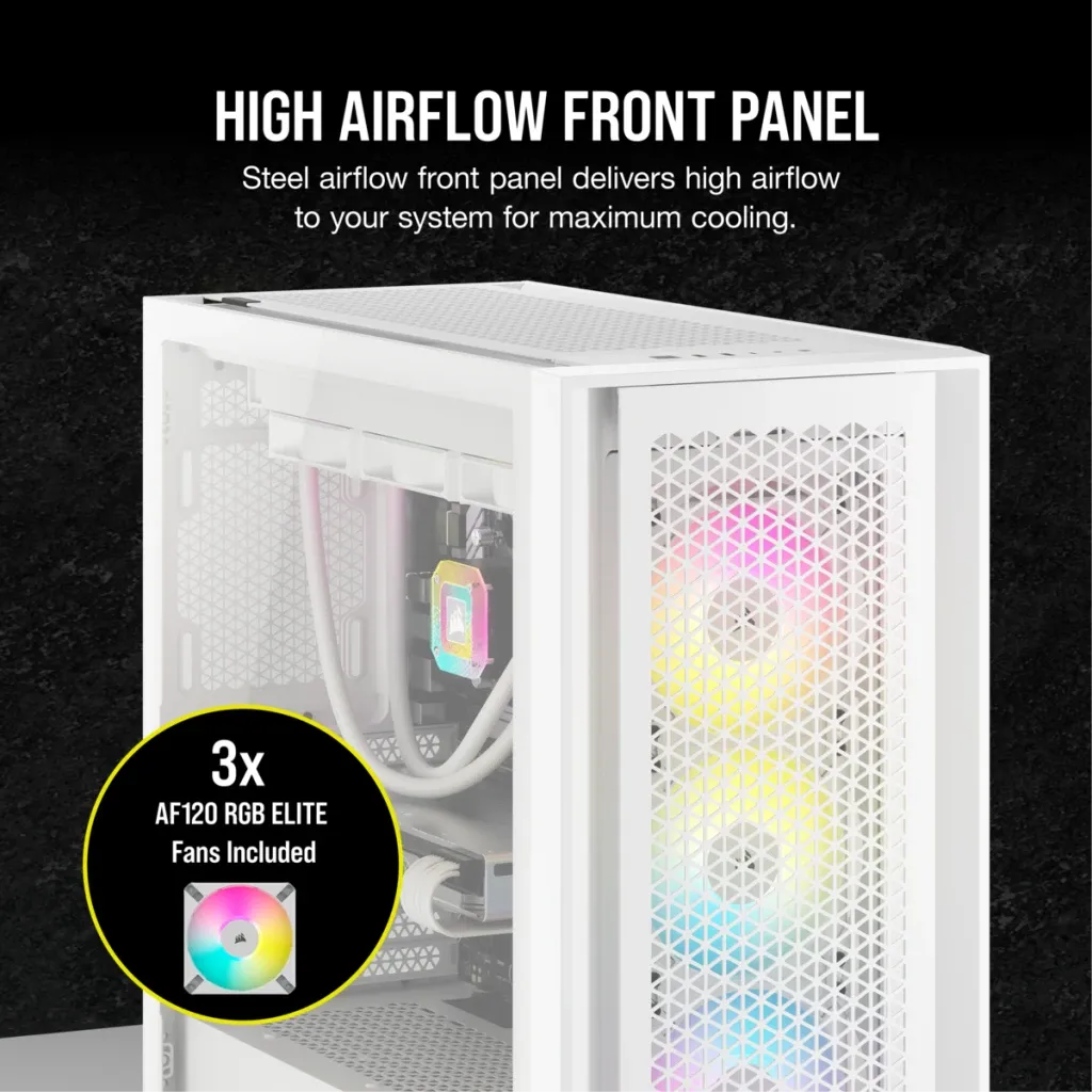 5000D RGB Airflow White Tempered Glass Mid Tower; 2x 3.5'' | 4x 2.5'' Drive Bays; Up to 360mm Radiator; 3x 120mm fan incl
