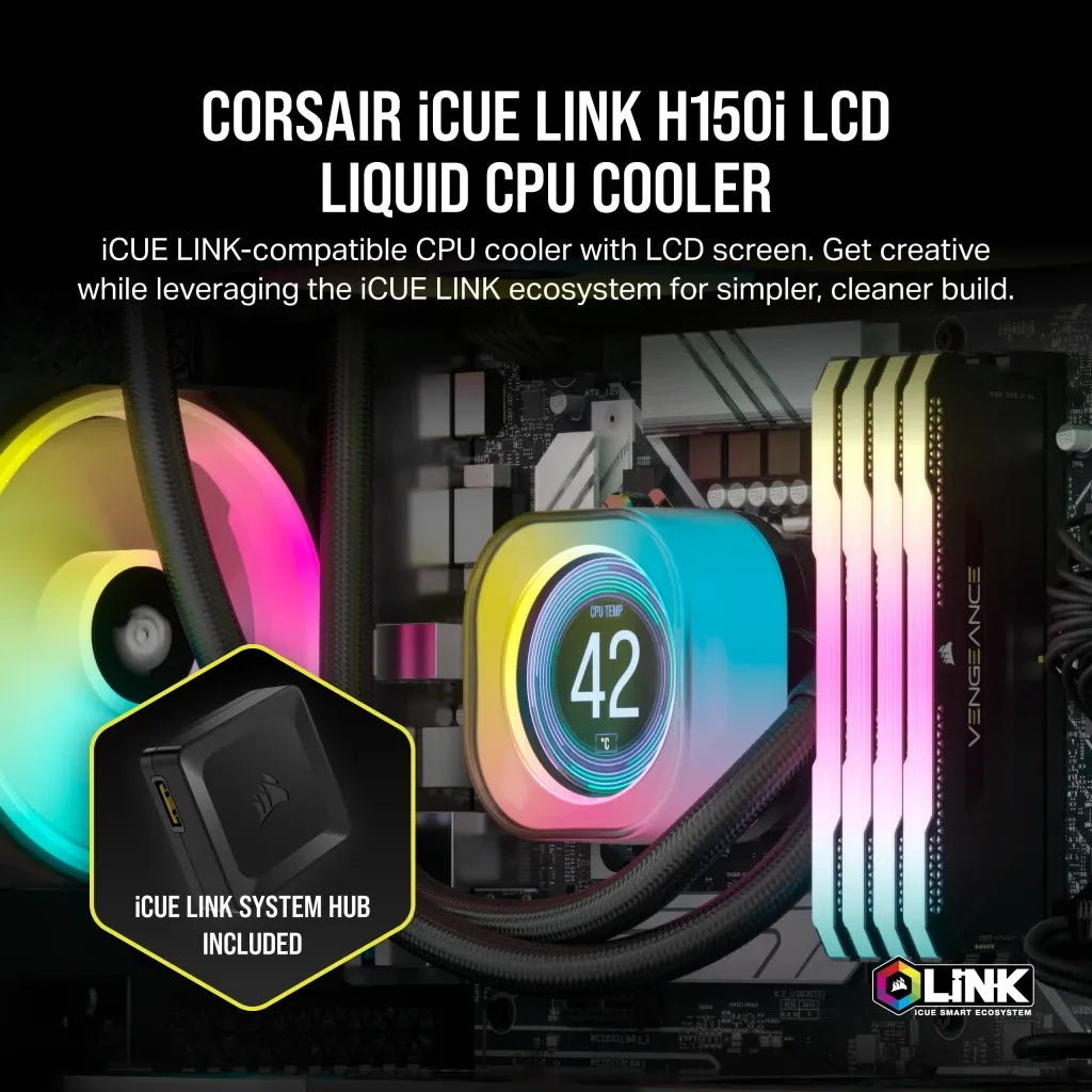 Corsair iCUE LINK H150i LCD Liquid CPU Cooler - QX120 RGB Fans - 360mm Radiator - Fits Intel® LGA 1700; AMD® AM5 - iCUE LINK Sys
