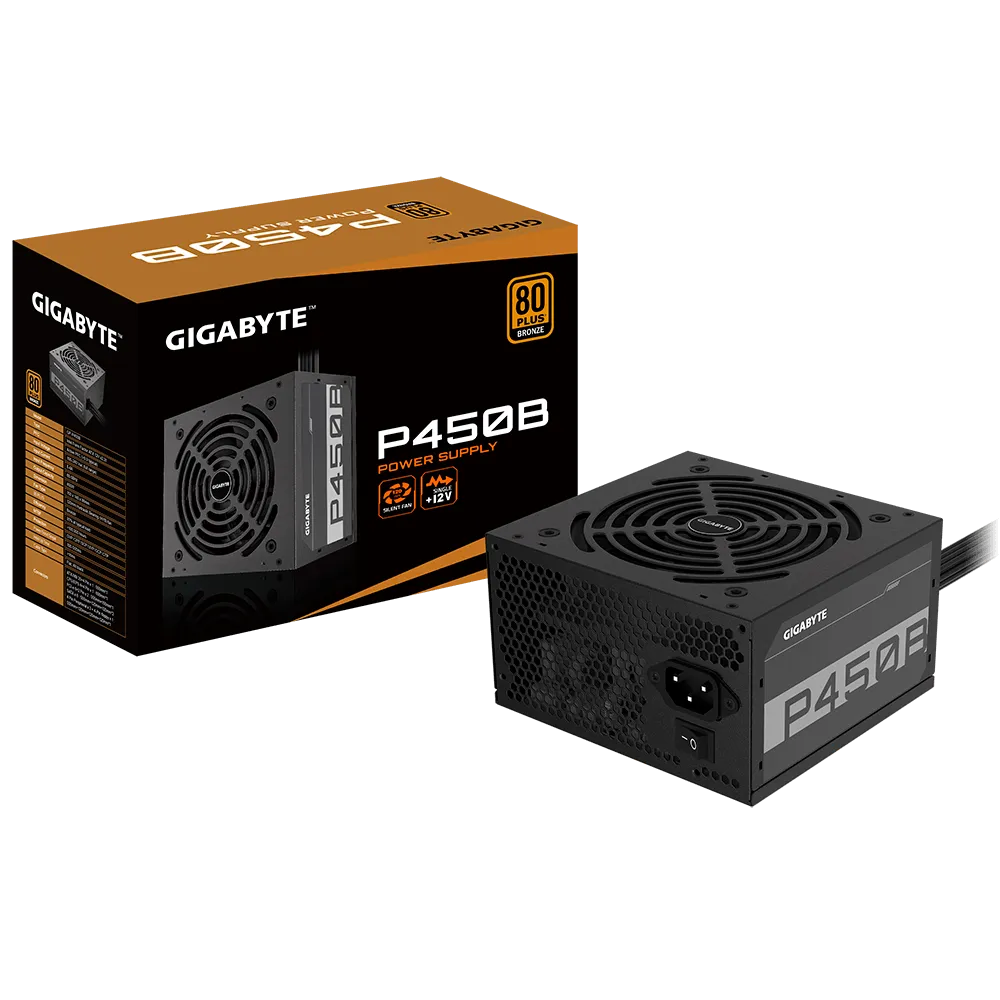 Gigabyte PSU P450B Bronze Certified 450W - 3 Year Warranty; 24/20-pin x 1; CPU 4+4-pin x 1; PCI-E 6+2-pin x 2; SATA x 6; Peri x3