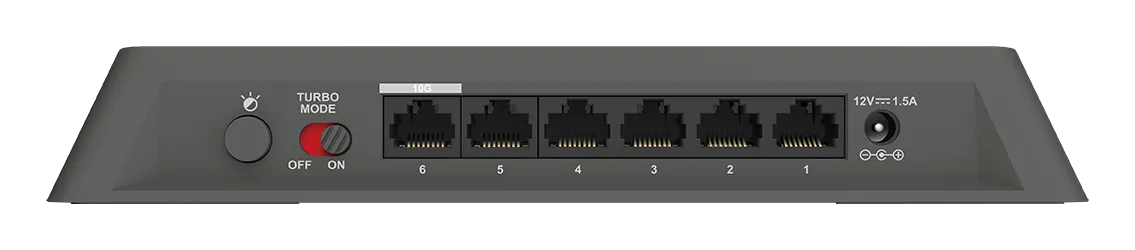 6-Port 2.5GE Unmanaged switch Turbocharged multi-gig switch for work or play; 5x 2.5GE LAN ports; 1x 10 Gbps port for NAS or Upl