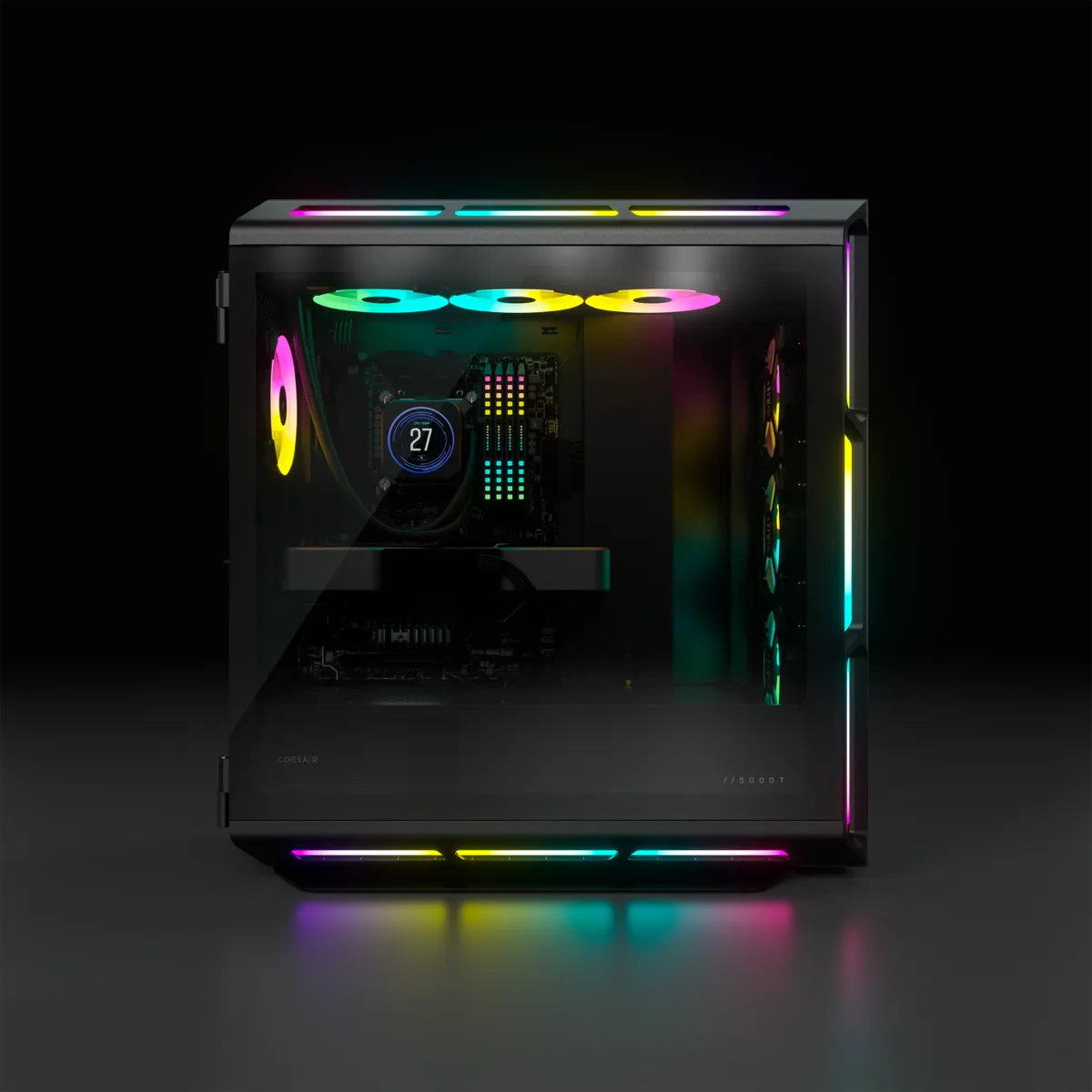 5000T RGB Black Tempered Glass Mid-Tower; 2x 3.5'' | 4x 2.5'' Drive Bays; Up to 360mm Radiator compatible; 4x 120mm fan incl