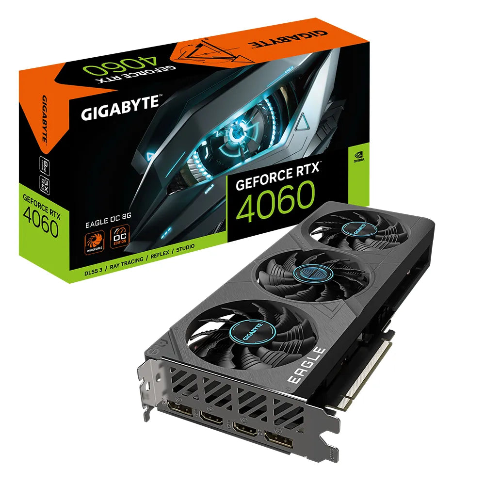 GIGABYTE nVidia GeForce RTX 4060 Eagle OC - 8GB GDDR6; 128-Bit Memory Bus; 2x HDMI; 2x DisplayPort; Min 450W PSU.
