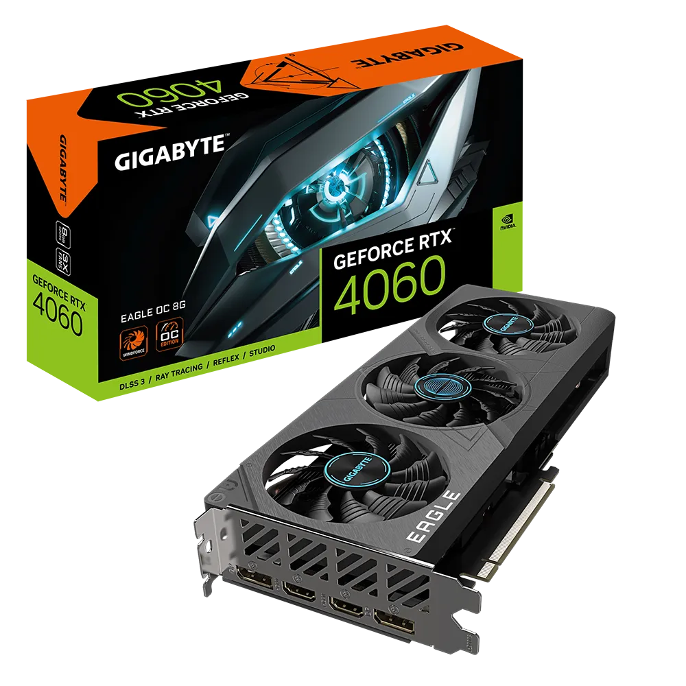 GIGABYTE nVidia GeForce RTX 4060 Eagle OC - 8GB GDDR6; 128-Bit Memory Bus; 2x HDMI; 2x DisplayPort; Min 450W PSU.