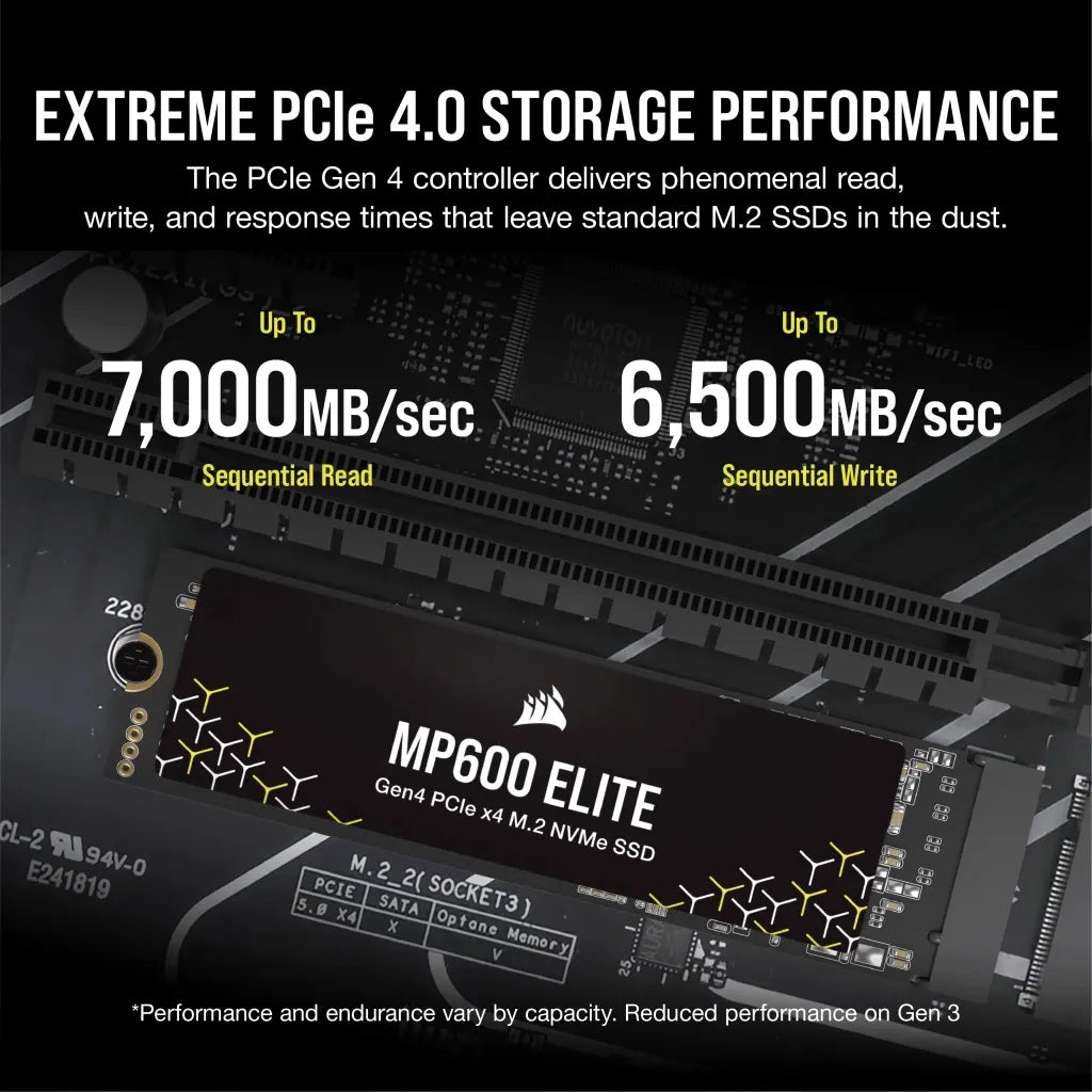 Corsair MP600 ELITE 2TB Gen4 PCIe x4 NVMe M.2 SSD (no heatsink); Read Up To 7000MB/s; Write up to 6500MB/s