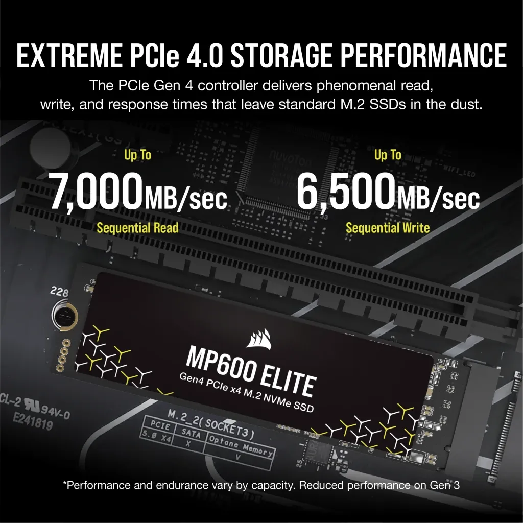 Corsair MP600 ELITE 2TB Gen4 PCIe x4 NVMe M.2 SSD (no heatsink); Read Up To 7000MB/s; Write up to 6500MB/s
