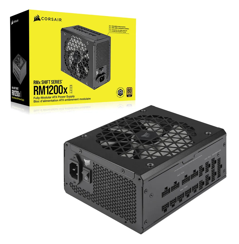 Corsair RM1200x Shift —1200 Watt 80 PLUS Gold;10yr Warranty. ATX (1); EPS (2);PCI-E (4);12VHPWR (1);PATA (8);SATA (12)