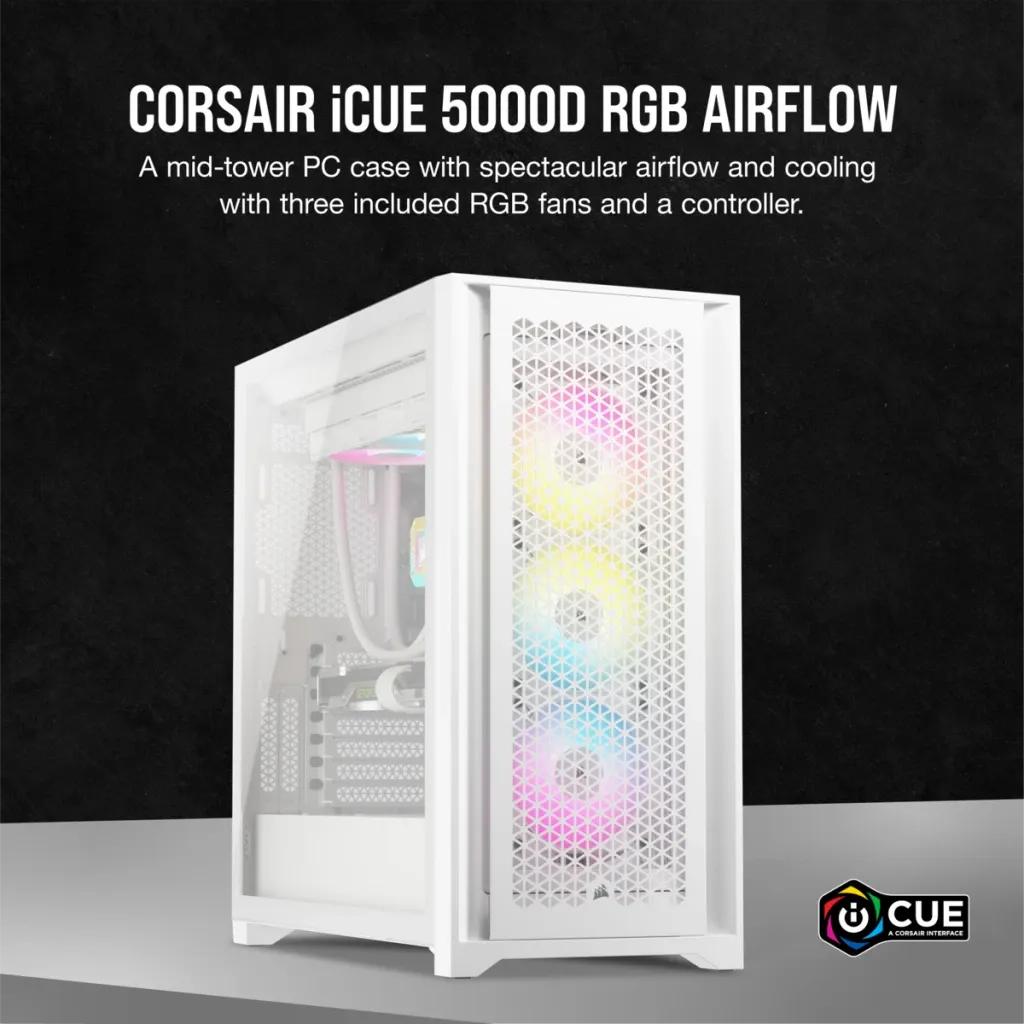 5000D RGB Airflow White Tempered Glass Mid Tower; 2x 3.5'' | 4x 2.5'' Drive Bays; Up to 360mm Radiator; 3x 120mm fan incl