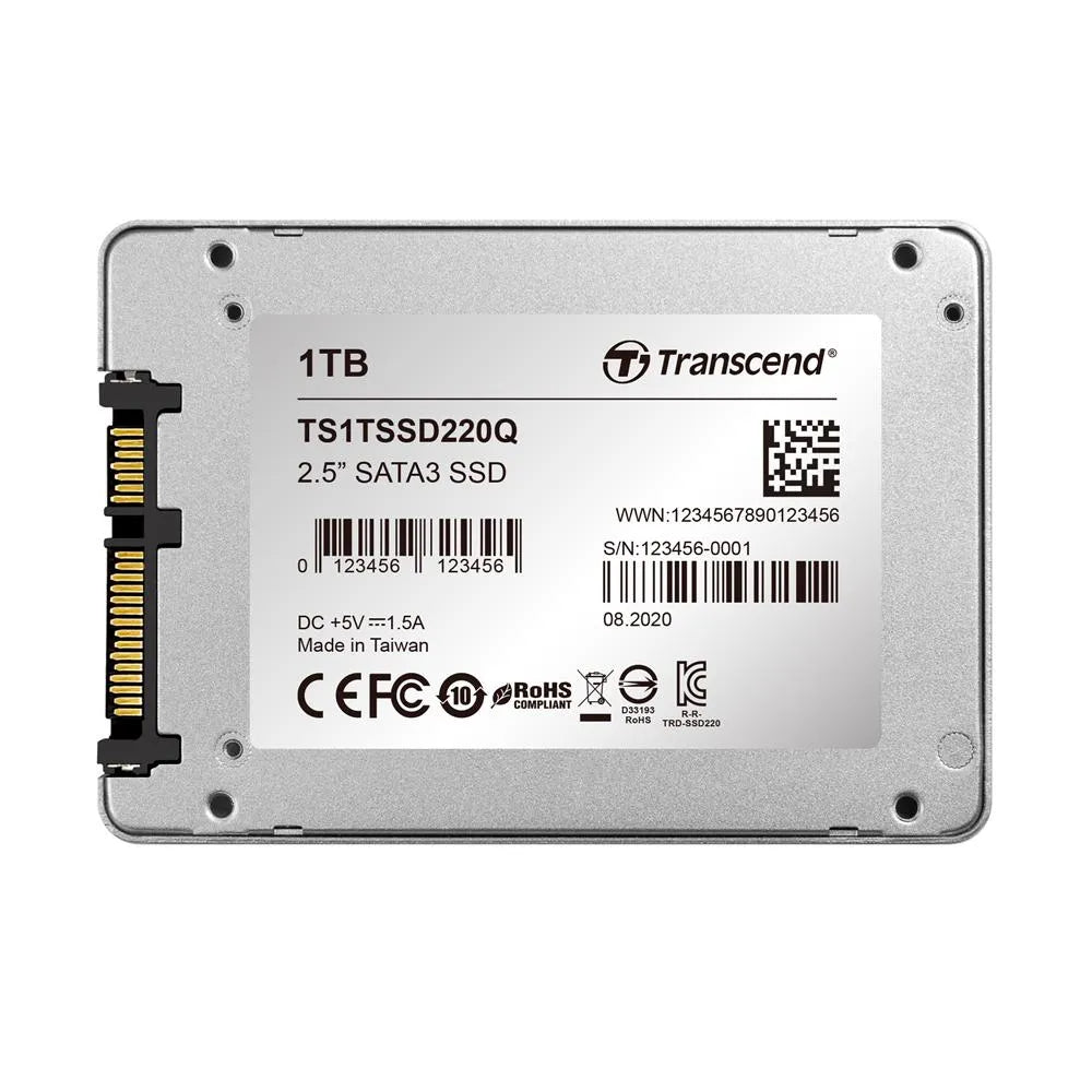 TRANSCEND 1TB SSD220Q 2.5'' SSD DRIVE - SATA III QLC with SLC cache - 550MB/s Read 500MB/s Write - 200 TBW