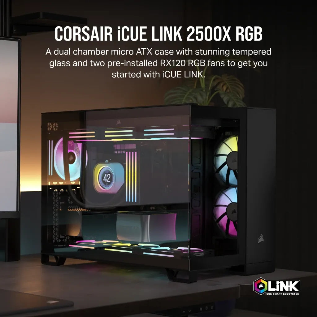 2500X RGB Micro ATX Black Dual Chamber PC Case; 2x 3.5'' |  2x 2.5'' Drive Bays; Up to 360mm Radiator; 2x 120mm fan incl