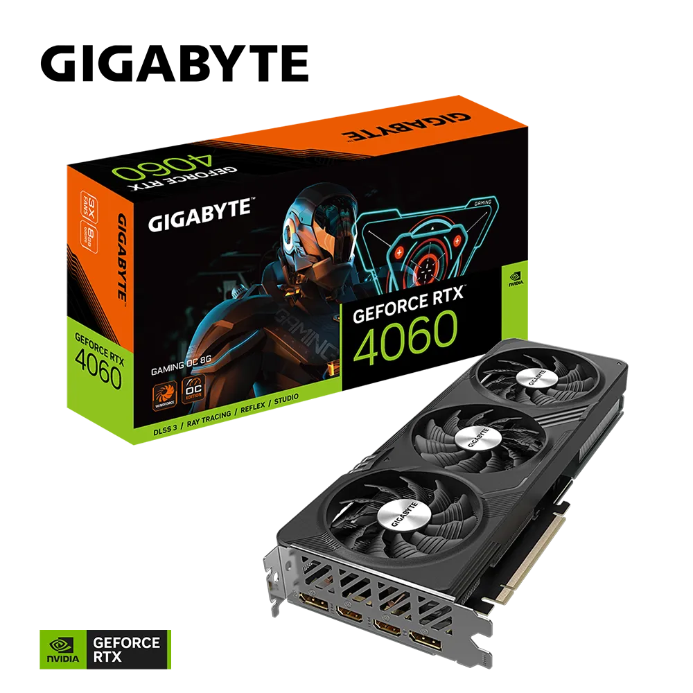 GIGABYTE nVidia GeForce RTX 4060 Gaming OC - 8GB GDDR6; 128-Bit Memory Bus; 2x HDMI; 2x DisplayPort; Min 450W PSU.