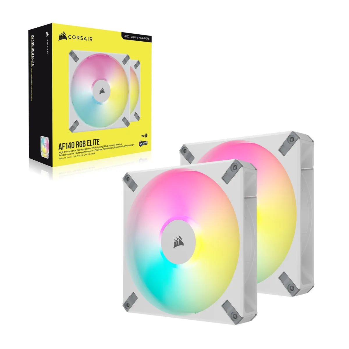 CORSAIR AF ELITE Series; AF140 RGB ELITE WHITE; 140mm Fluid Dynamic RGB Fan with AirGuide; Dual Pack with Lighting Node CORE