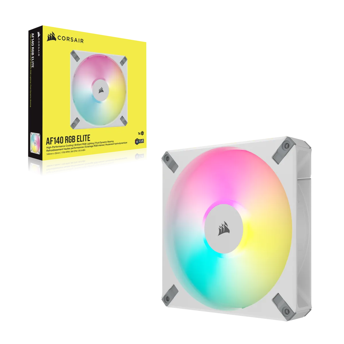 CORSAIR AF ELITE Series; AF140 RGB ELITE WHITE; 140mm Fluid Dynamic RGB Fan with AirGuide; Single Pack
