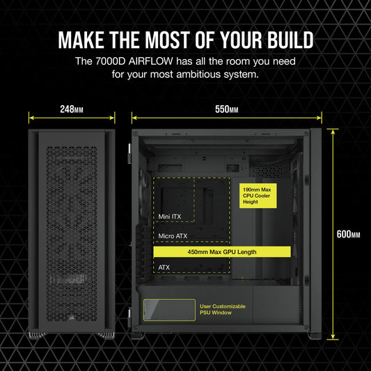 7000D Airflow Black Tempered Glass Mid-Tower; 6x 3.5'' |  4x 2.5'' Drive Bays ; 480mm Radiator Compatible; 3x140mm fan incl