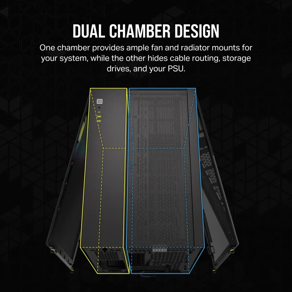 2500X RGB Micro ATX Black Dual Chamber PC Case; 2x 3.5'' |  2x 2.5'' Drive Bays; Up to 360mm Radiator; 2x 120mm fan incl