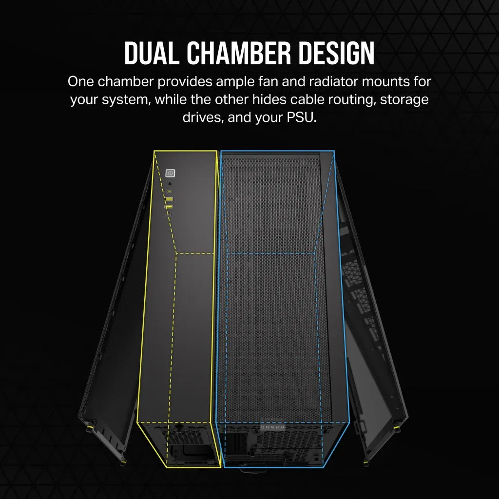 2500D Airflow Black Mid-Tower Dual Chamber PC Case; 2x 3.5'' |  2x 2.5'' Drive Bays; Up to 360mm Radiator compatible