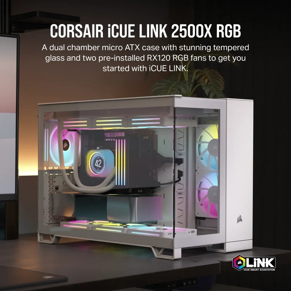 2500X RGB Micro ATX White Dual Chamber PC Case; 2x 3.5'' |  2x 2.5'' Drive Bays; Up to 360mm Radiator; 2x 120mm fan incl