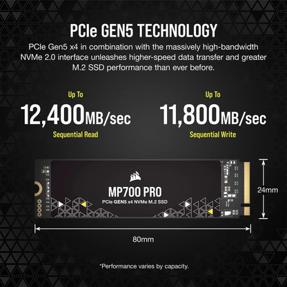 Corsair MP700 PRO 1TB M.2 NVMe PCIe Gen. 5 x4 SSD (no heatsink); Read Up To 11 700MB/s; Write up to 9600MB/s