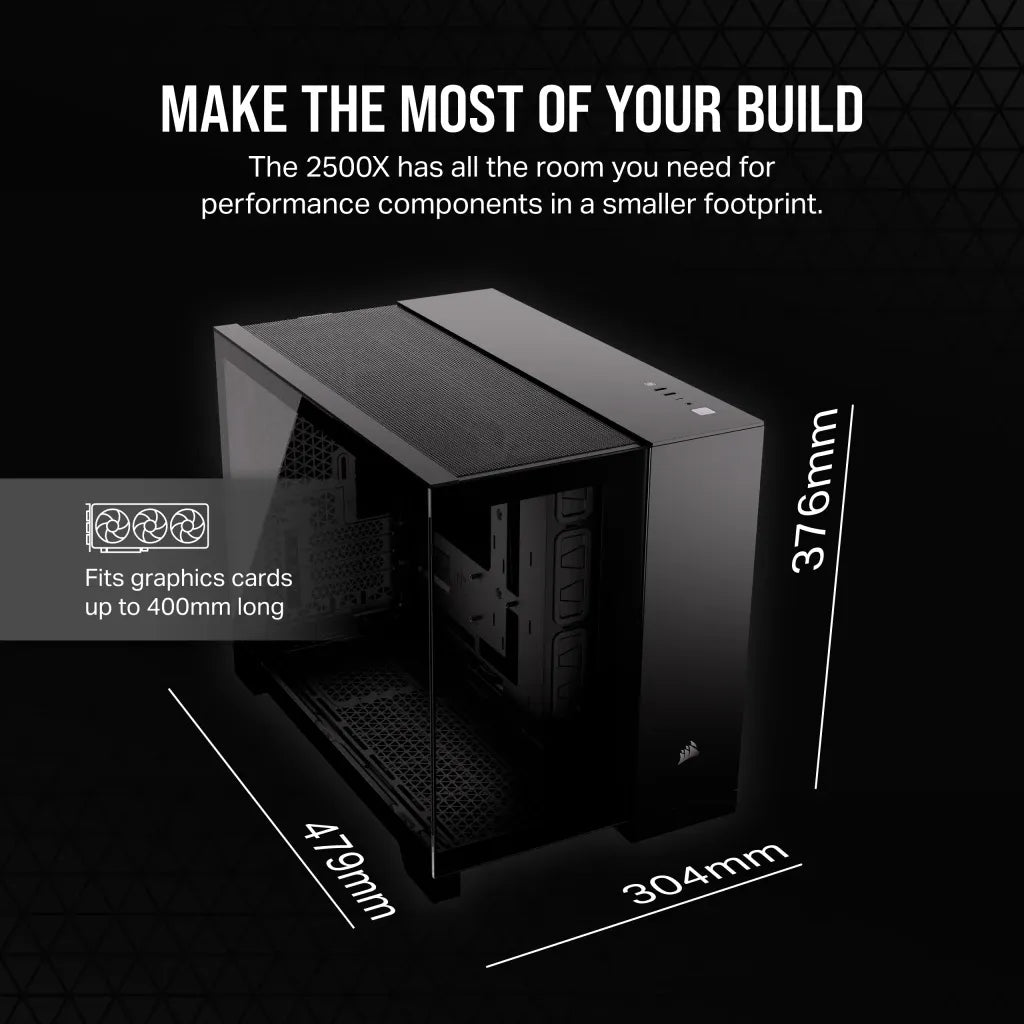 2500D Airflow Black Mid-Tower Dual Chamber PC Case; 2x 3.5'' |  2x 2.5'' Drive Bays; Up to 360mm Radiator compatible