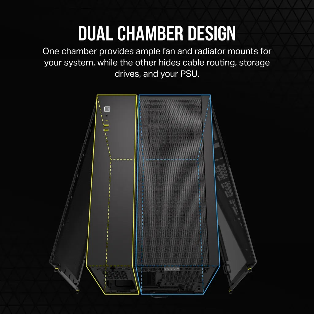 2500D Airflow Black Mid-Tower Dual Chamber PC Case; 2x 3.5'' |  2x 2.5'' Drive Bays; Up to 360mm Radiator compatible