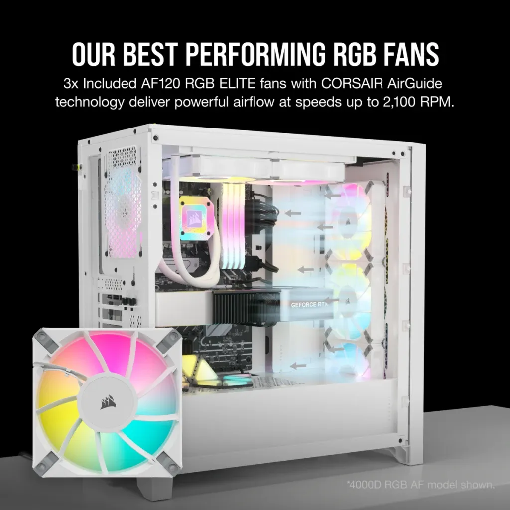 5000D RGB Airflow White Tempered Glass Mid Tower; 2x 3.5'' |  4x 2.5'' Drive Bays; Up to 360mm Radiator; 3x 120mm fan incl