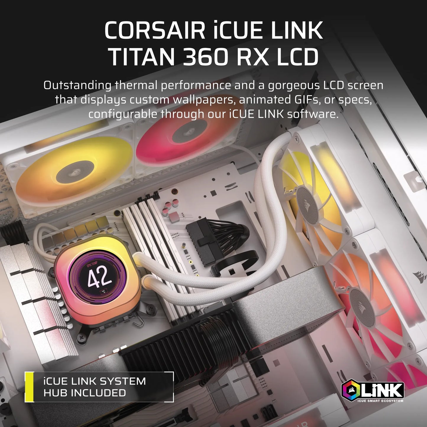 Corsair iCUE LINK TITAN 360 RX LCD Liquid CPU Cooler - White – RX120 RGB Fans – Fits Intel® LGA 1851/1700; AMD® AM5/AM4.