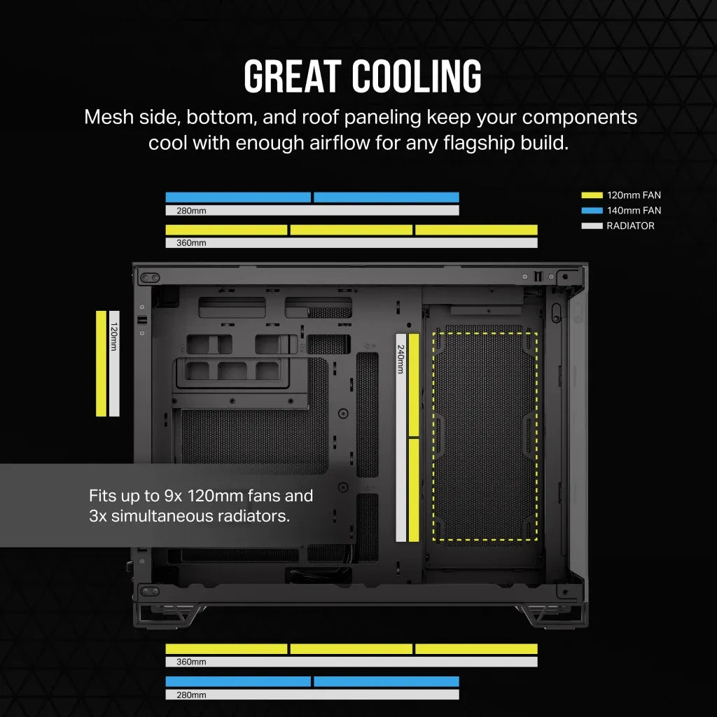 2500D Airflow Black Mid-Tower Dual Chamber PC Case; 2x 3.5'' |  2x 2.5'' Drive Bays; Up to 360mm Radiator compatible