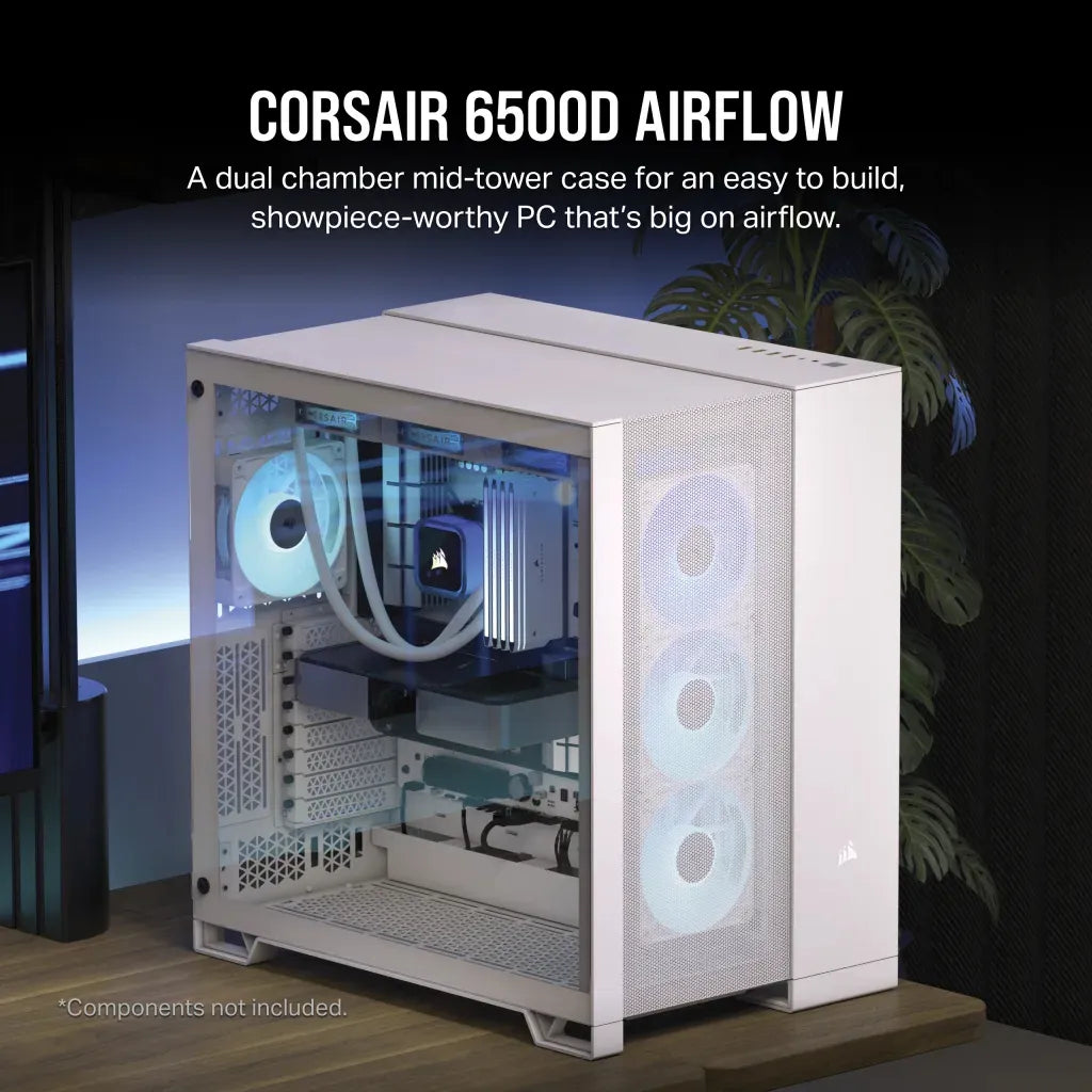 6500D Airflow White Tempered Glass Mid-Tower; 2x 3.5'' |  2x 2.5'' Drive Bays; Up to 360mm Radiator compatible