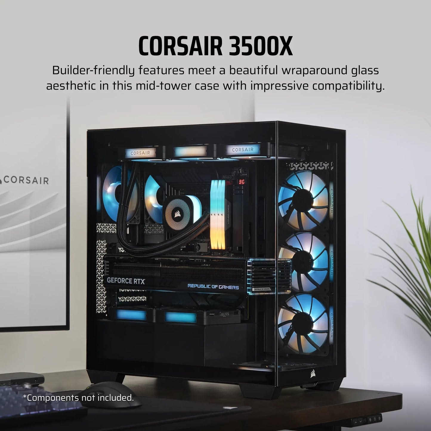 3500X Tempered Glass Black Mid-Tower PC Case; 2x 3.5'' |  2x 2.5'' Drive Bays; Up to 360mm Radiator compatible