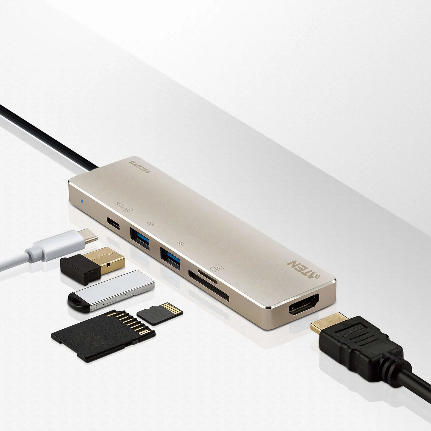 ATEN Dock; 6-in-1 Mini Dock with Power Pass-Through. 1 x HDMI;1 SD/Micro SD Reader;1 x USB-C PD Port;2 x USB 3.2 Type-A ports