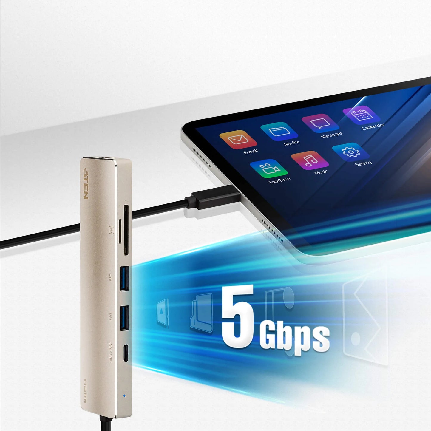 ATEN Dock; 6-in-1 Mini Dock with Power Pass-Through. 1 x HDMI;1 SD/Micro SD Reader;1 x USB-C PD Port;2 x USB 3.2 Type-A ports
