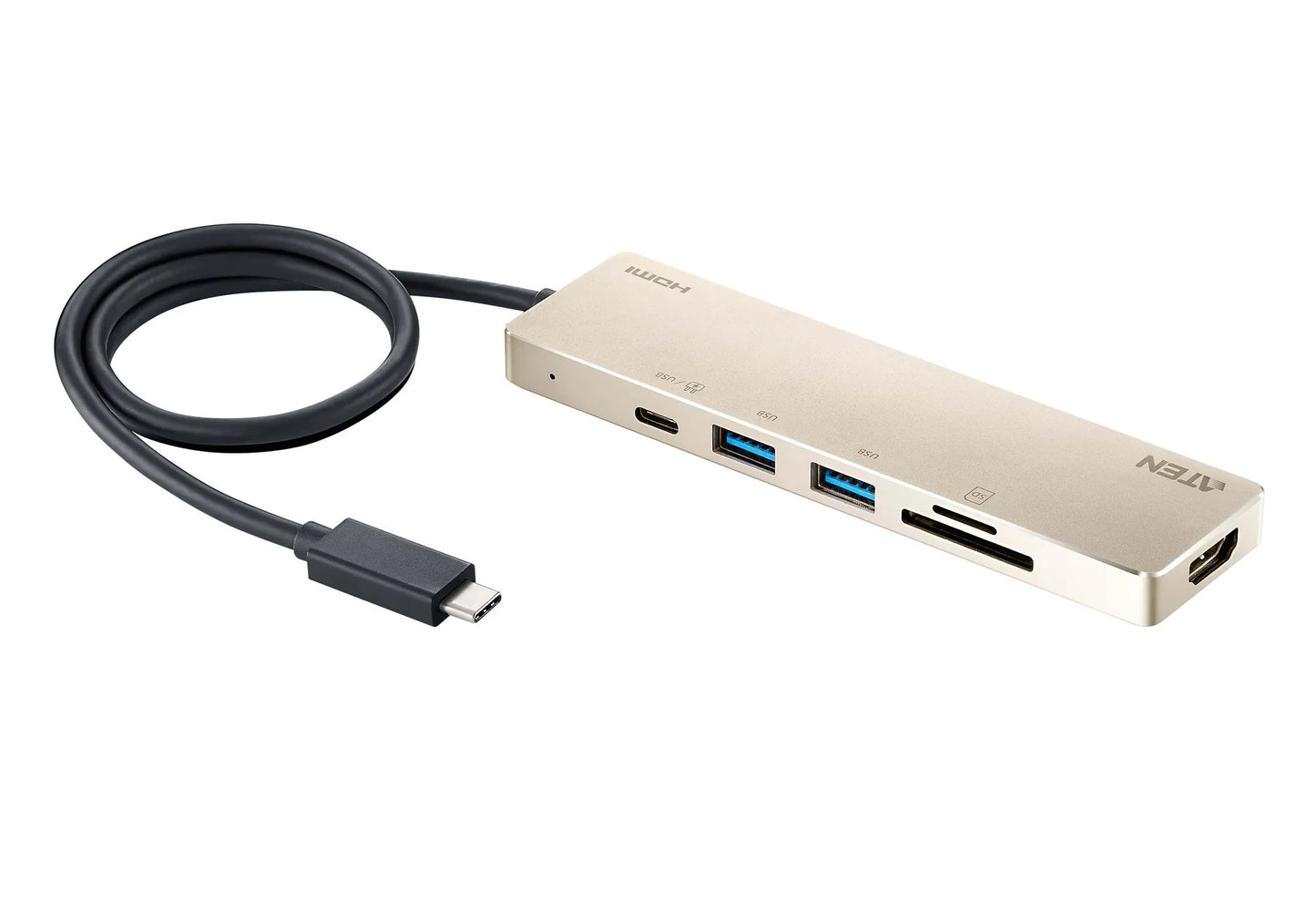 ATEN Dock; 6-in-1 Mini Dock with Power Pass-Through. 1 x HDMI;1 SD/Micro SD Reader;1 x USB-C PD Port;2 x USB 3.2 Type-A ports