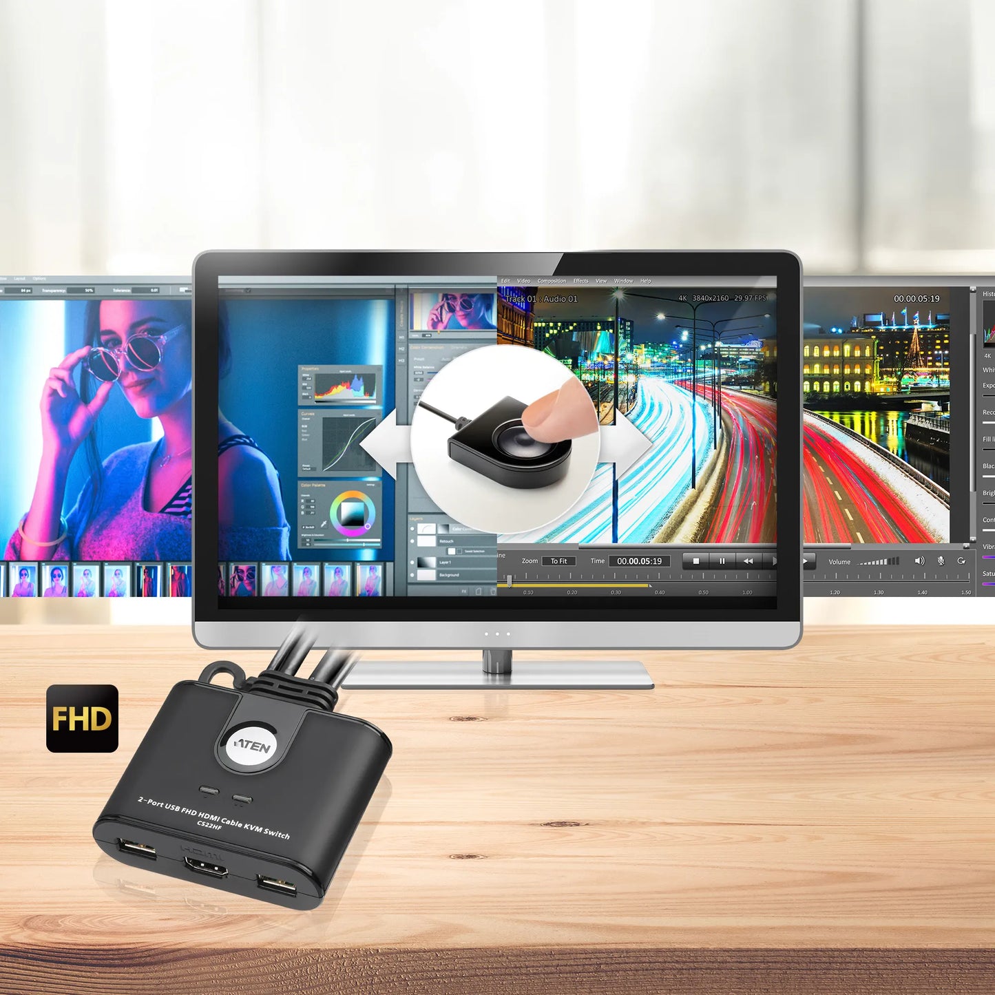 ATEN 2-Port USB 4K HDMI Cable KVM Switch with Remote Port Selector