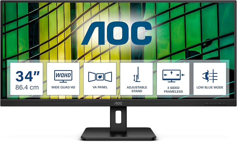 AOC-U34E2M Monitor | 34 inch | WQHD 3440x1440 100Hz | 1ms | DP VESA | Flicker Free | Low Blue Mode | AdaptiveSync | 3YR Warranty