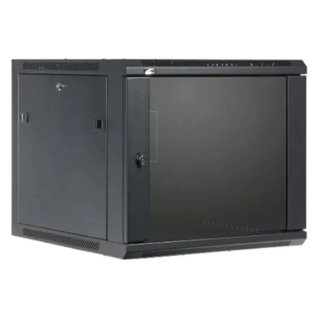 RCT 12U AP Pre-coated black wall mount cabinet 2x uprights 2x glands + Screws; 450mm PERFORATED DOOR.