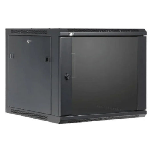 RCT 12U AP Pre-coated black wall mount cabinet 2x uprights 2x glands + Screws; 450mm PERFORATED DOOR.