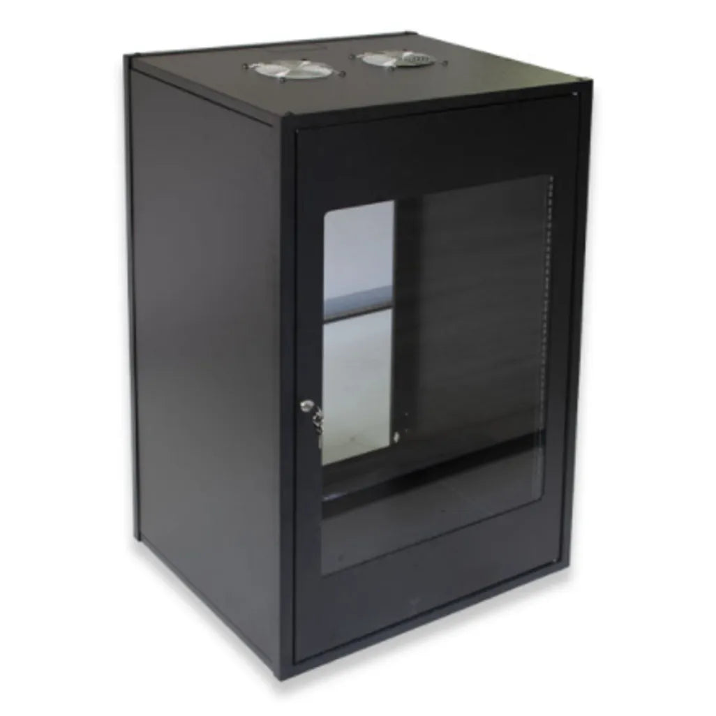 RCT 20U AP Pre-coated black wall mount cabinet 2x uprights 2x glands + Screws; 450mm GLASS DOOR.