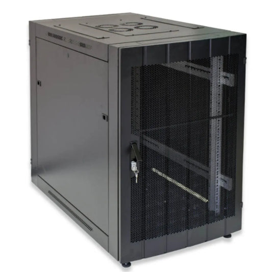 RCT 20U AP Pre-coated black wall mount cabinet 2x uprights 2x glands + Screws; 450mm PERFORATED DOOR.