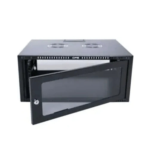 RCT 6U AP Pre-coated black wall mount cabinet 2x uprights 2x glands + Screws; 450mm GLASS DOOR.