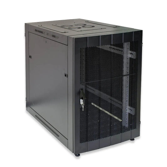 RCT 9U AP Pre-coated black wall mount cabinet 2x uprights 2x glands + Screws; 450mm PERFORATED DOOR.
