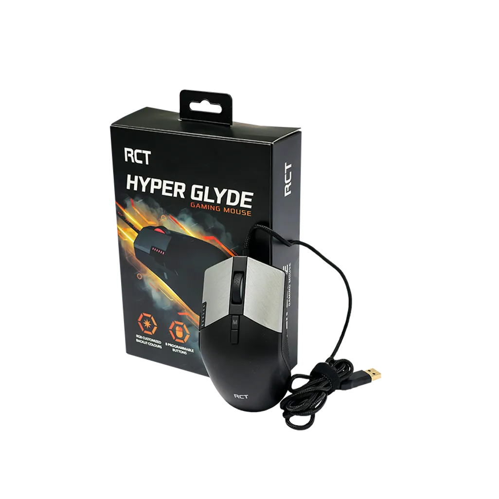 RCT HyperGlyde Gaming Mouse; 16000DPI switchable; 8 Programmable buttons; Interchangeable weights; Omron Mechanical Switches.