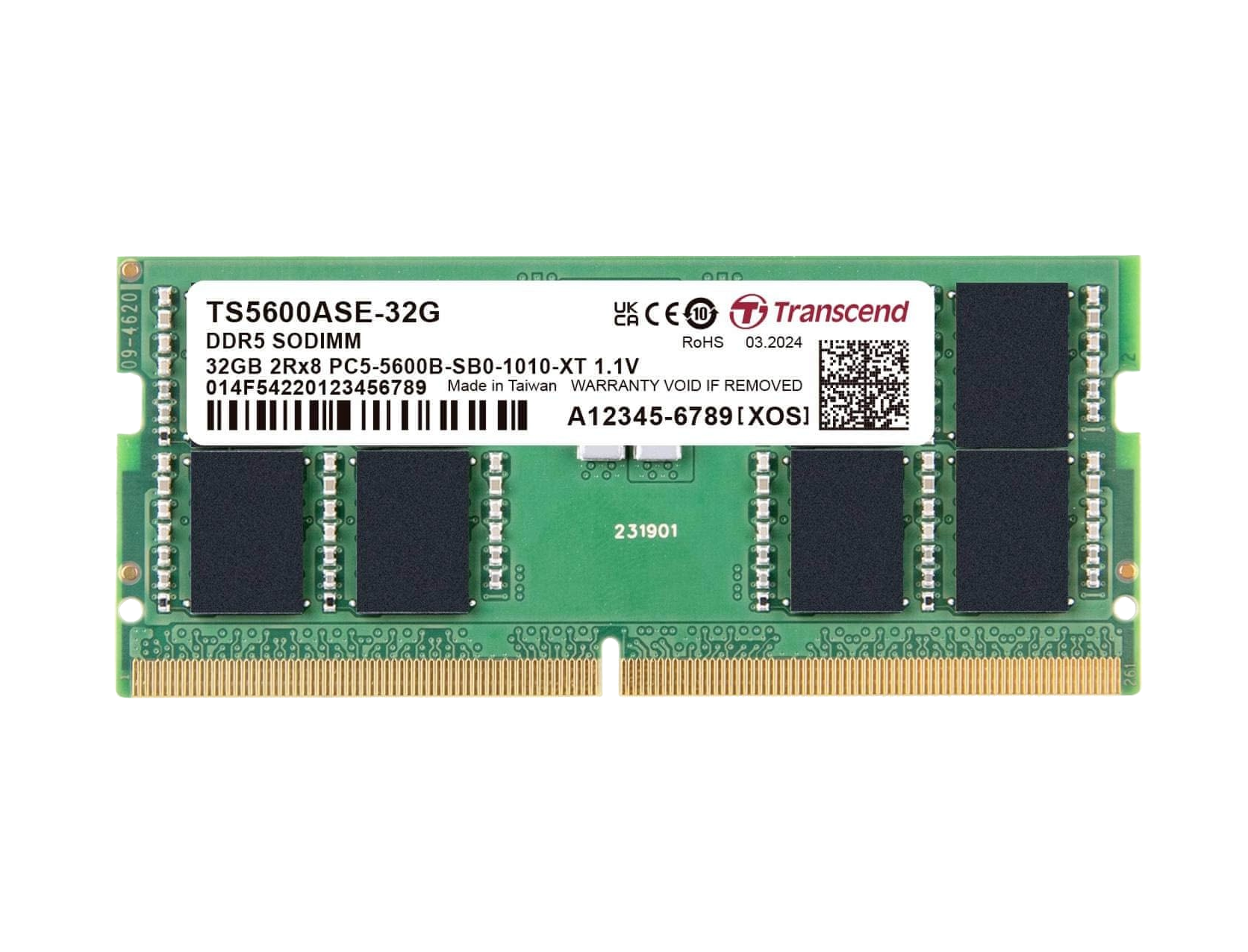 TRANSCEND 32GB DDR5-5600 Embedded Unbuffered NOTEBOOK SO-DIMM 2RX8 CL46 (2Gx8)x16